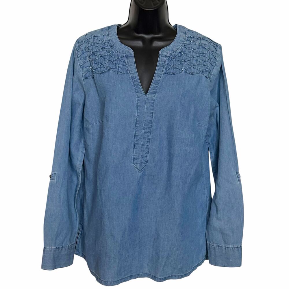 Bandolino Blu Trinity Roll Tab Denim Blouse Top Blue Chambray Embroidered Medium
